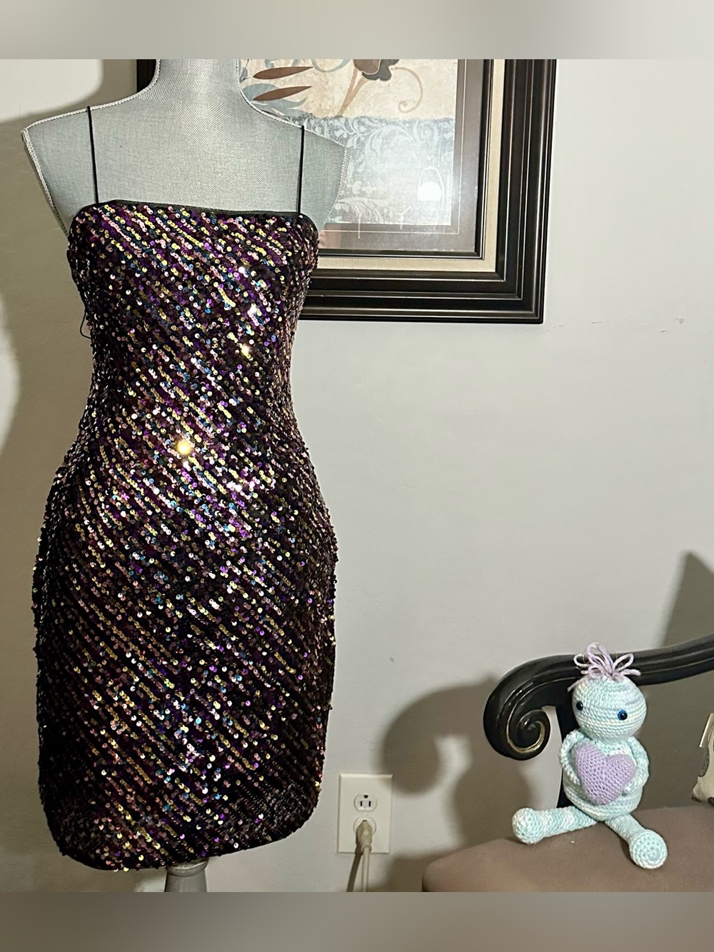 NWT Aidan Mattox Purple Gold Black Diagonal Sequin Stripe Cocktail Mini Dres
